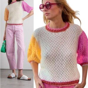 NEW Rose Carmine Pull Over Short Sleeves Mohair Sweater White Colorblock Size: 1